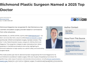 Dr. Neil J. Zemmel, a plastic surgeon in Richmond, has been named a 2025 Top Doctor by Richmond Magazine
